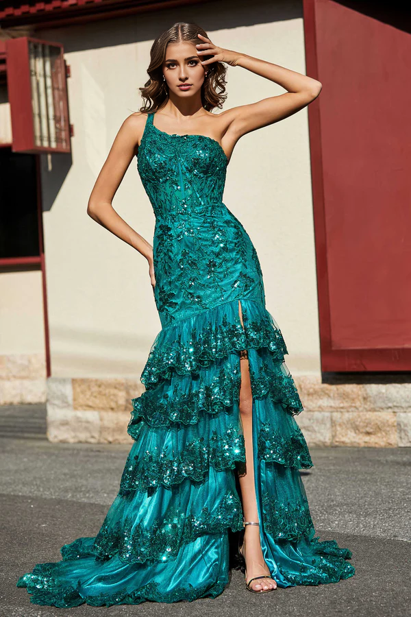 Wholesale Evening Dress Elegant High Slit Ruffle Tiered Skirt Tulle Dress Prom Dresses