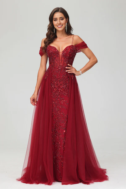 Wholesale A-Line Elegant Prom Dresses Off the Shoulder Beaded Tulle Dress Evening Dress With Train