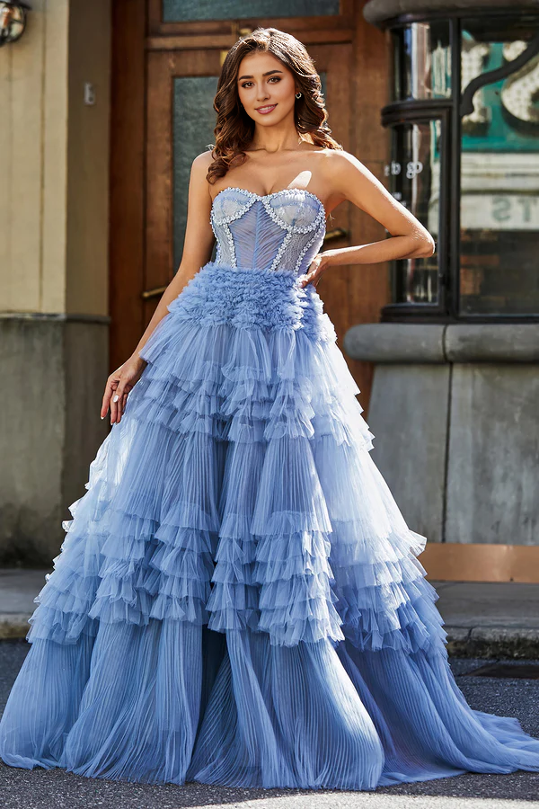 Wholesale Elegant Prom Dresses Strapless Corset Bodice Ruffle Tiered Tulle Dress Evening Dress