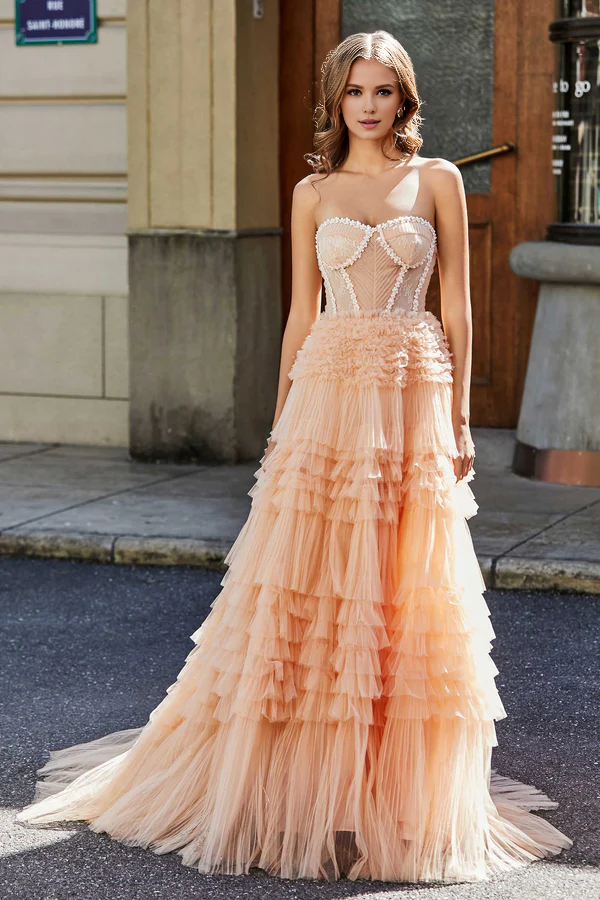 Wholesale Elegant Prom Dresses Sweetheart Corset Bodice Tiered Tulle Evening Dress