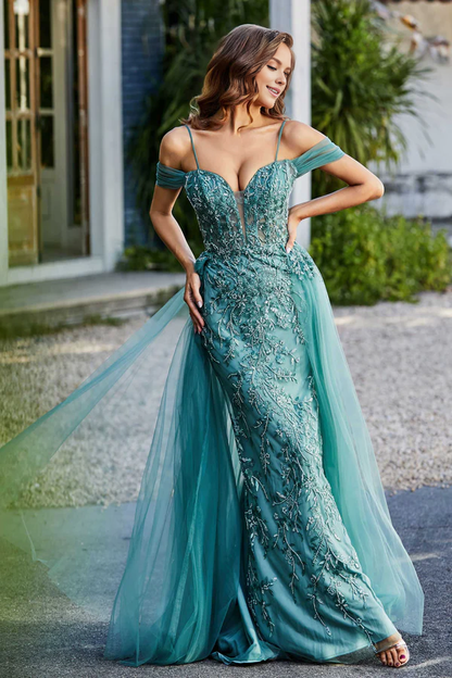 Wholesale Elegant Jade A-Line Prom Dresses Off Shoulder Sweep Train Tulle Dress Evening Dress