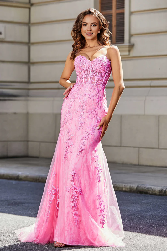 Wholesale Elegant Pink Evening Dress Lace Applique Corset Bodice Tulle Dress Prom Dresses