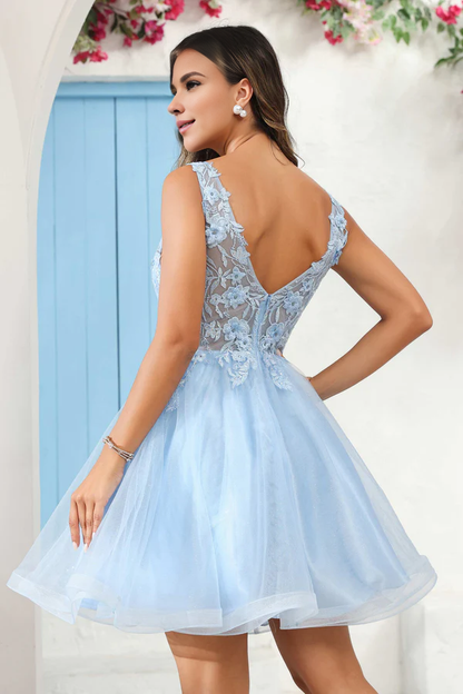 Wholesale Elegant A-Line Evening Dress Deep V Neck Prom Dresses Floral Applique See-through Mini Dress