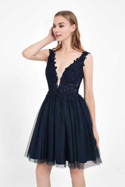 Wholesale Fashion Evening Dress Deep V-neck Prom Dresses Applique Skater Dress