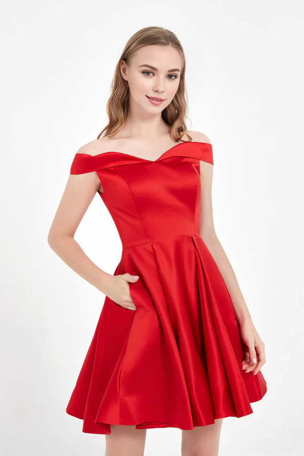 Wholesale Elegant Prom Dresses Off the Shoulder Simple Satin Short Dress with Pockets