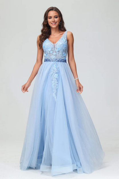 Wholesale Elegant Prom Dresses Sleeveless Deep V-neck A-Line Sweep Train Tulle Gown