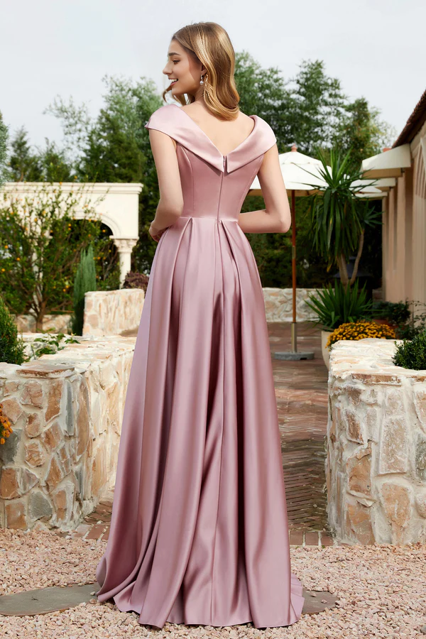 Wholesale Elegant Bridesmaid Dresses Cap Sleeves Satin Maxi Dress Wedding Guest Dresses With Slit