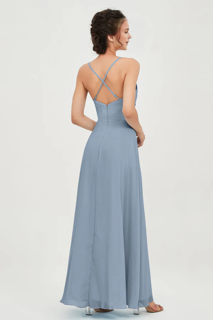 Wholesale Elegant Wedding Guest Dresses Dusty-Blue Long Bridesmaid Dress Sweetheart Neckline