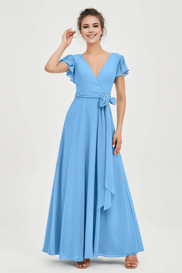 Wholesale Elegant Prom Dresses V-neck Blue Bridesmaid Dresss Wedding Guest Dresses