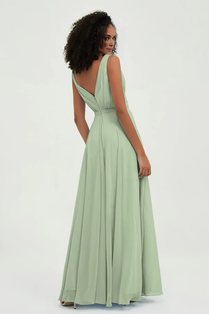 Wholesale Elegant Dusty-Sage Wedding Guest Dresses V Neck Long Bridesmaid Dress