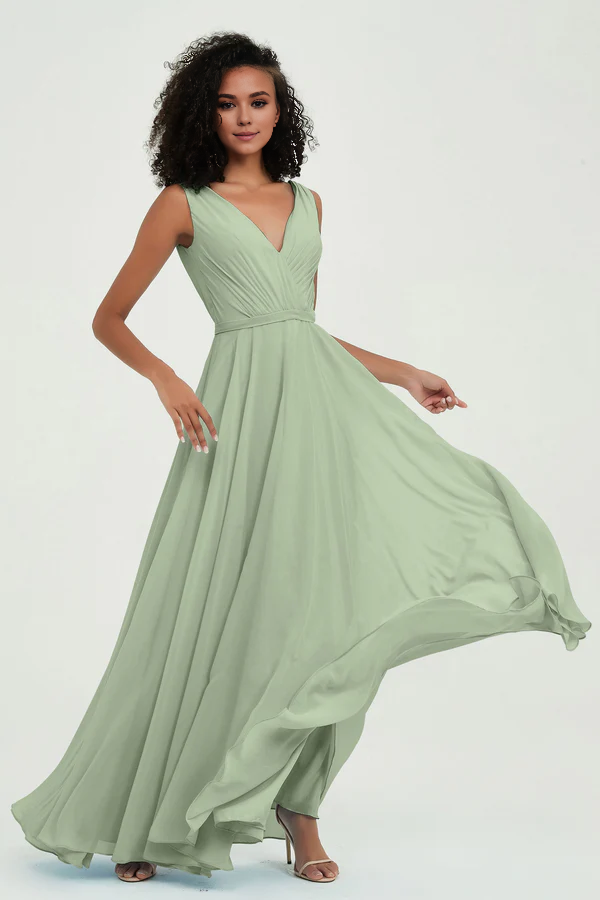 Wholesale Elegant Dusty-Sage Wedding Guest Dresses V Neck Long Bridesmaid Dress