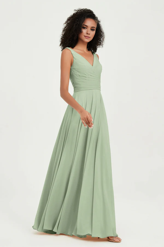 Wholesale Elegant Dusty-Sage Prom Dresses V Neck Chiffon Bridesmaid Gown Wedding Guest Dresses