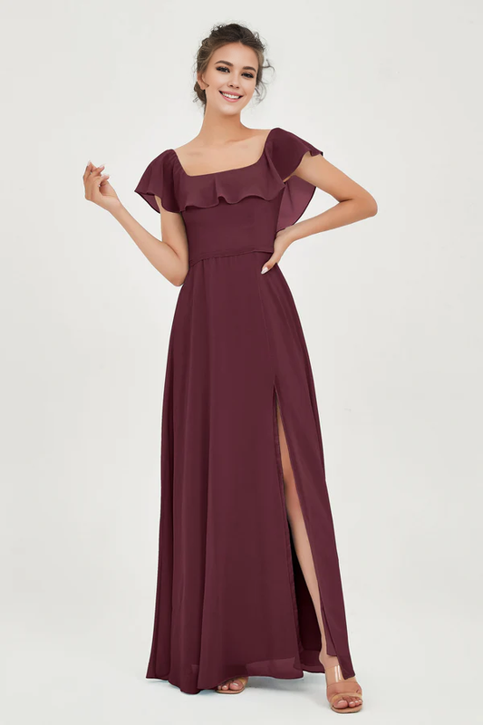 Wholesale Elegant Cabernet Long Bridesmaid Dress with Slit Wedding Guest Dresses