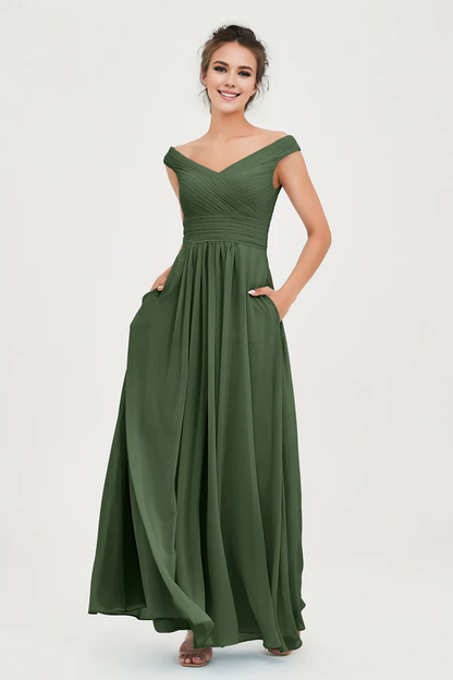 Wholesale Elegant Wedding Guest Dresses Off Shoulder Olive-Green Bridesmaid Gown with Pocket