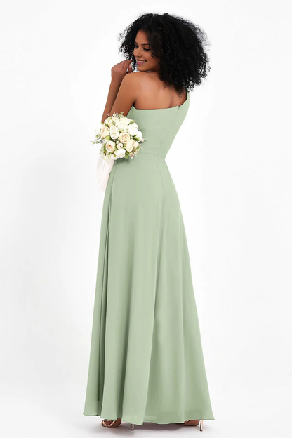 Wholesale Elegant Dusty-Sage Wedding Guest Dresses One Shoulder Long Chiffon Bridesmaid Gown