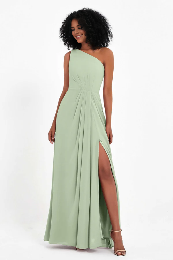 Wholesale Elegant Dusty-Sage Wedding Guest Dresses One Shoulder Long Chiffon Bridesmaid Gown