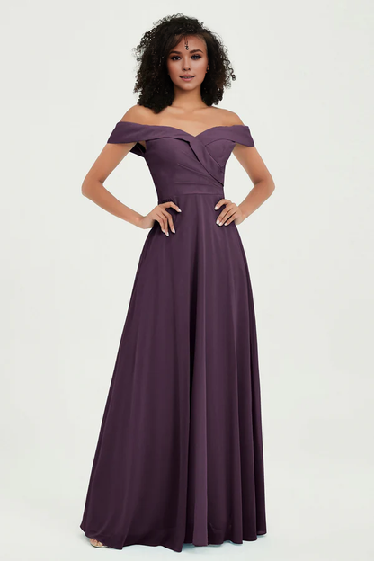 Wholesale Elegant Plum Off the Shoulder Wedding Guest Dresses Long Bridesmaid Dress