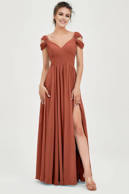 Wholesale Elegant Rust Wedding Guest Dresses Cold Shoulder Bridesmaid Dress with Slit