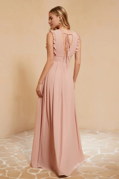 Wholesale Elegant Dusty-Rose Bridesmaid Dresses Ruched Plunging V-neck Chiffon Long Dress