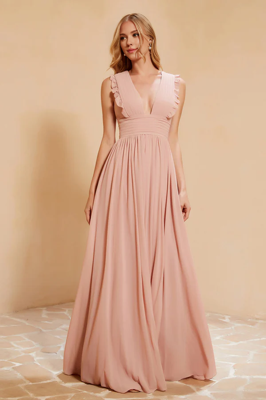 Wholesale Elegant Dusty-Rose Bridesmaid Dresses Ruched Plunging V-neck Chiffon Long Dress