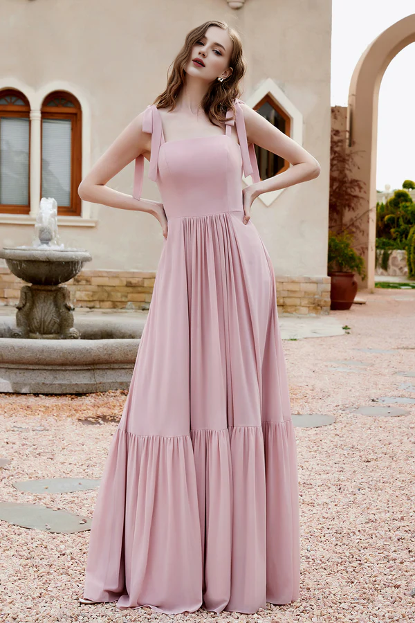 Wholesale Elegant Wedding Guest Dresses Square Neckline Ruched Chiffon Dress Bridesmaid Dresses