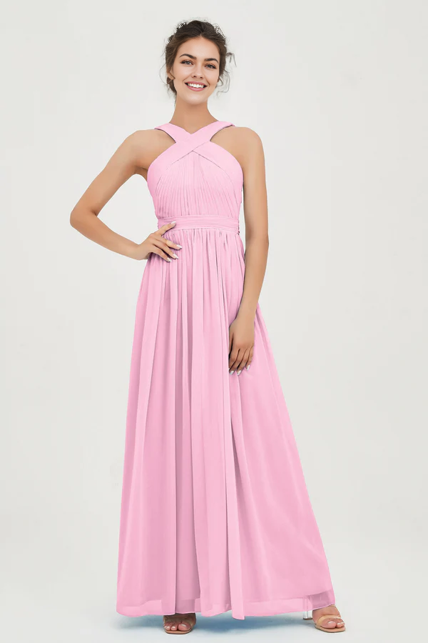 Wholesale Elegant Candy-Pink Long Bridesmaid Dress Open Back with Bowknot Wedding Guest Dresses