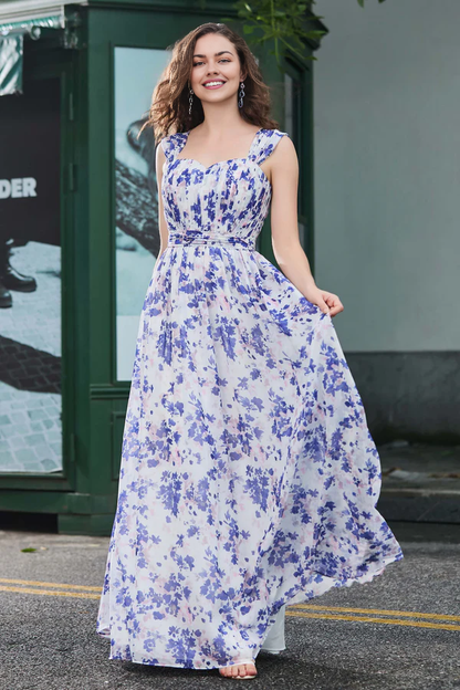 Wholesale Elegant Violet Floral Print Bridesmaid Dresses Pleated Sweetheart Chiffon Floral Long Wedding Guest Dresses