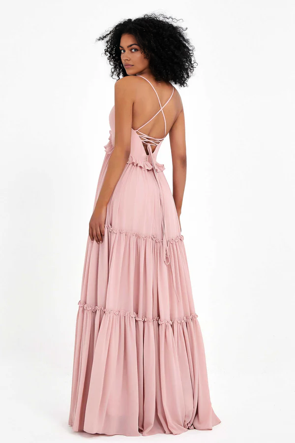 Wholesale Elegant Dusty-Rose Wedding Guest Dresses V-neck Empire Waist Maxi Boho Chiffon Dress Bridesmaid Dresses