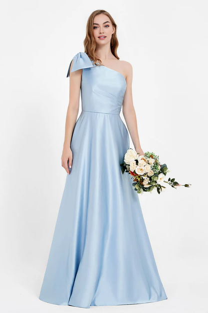 Wholesale Elegant Sky-Blue Wedding Guest Dresses One Shoulder Long Satin Dress Bridesmaid Dresses