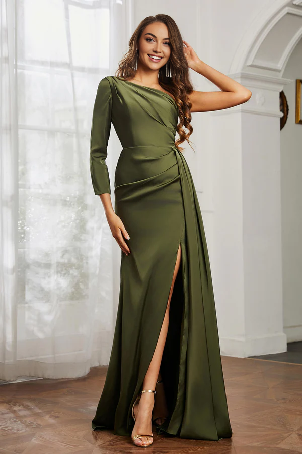 Wholesale Elegant Olive-Green Bridesmaid Dresses Slit One Shoulder Acetate Satin Gown Wedding Guest Dresses