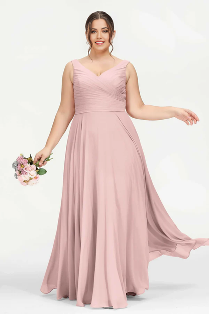 Wholesale Dusty-Rose Bridesmaid Dresses Plus Size V Neck Chiffon Dress Maxi Length Wedding Guest Dresses