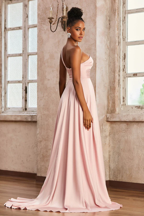 Wholesale Elegant A-Line Wedding Guest Dresses Sleeveless One Shoulder Sweep Train Gown Bridesmaid Dresses