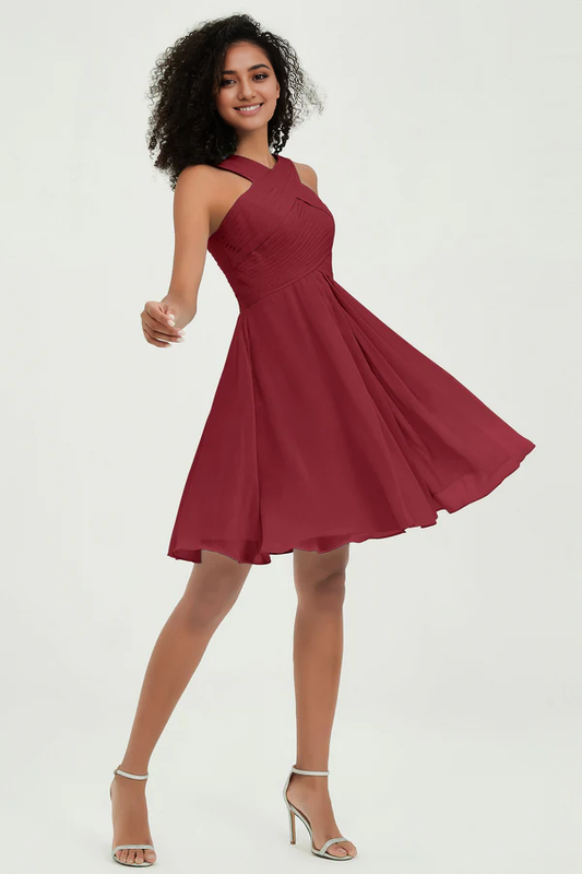 Wholesale Elegant Burgundy Bridesmaid Dresses Knee Length Bridesmaid Dress Grecian Neck Wedding Guest Dresses