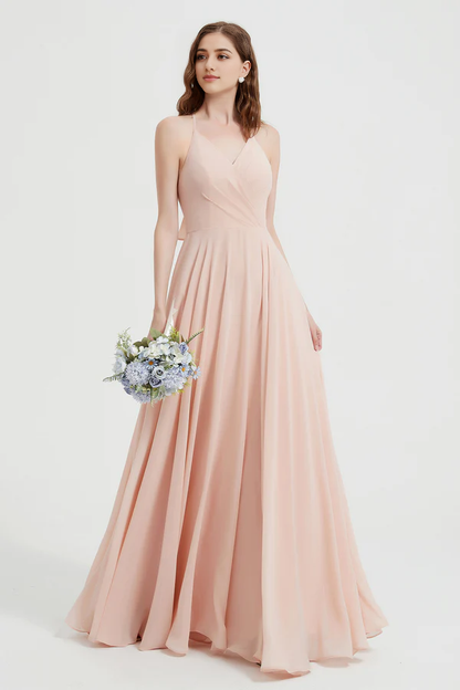 Wholesale Elegant Pearl-Pink Wedding Guest Dresses V Neck Long Bridesmaid Dress