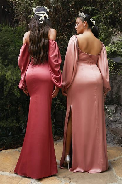 Wholesale Elegant Evening Dress Fitted Long Sleeve Satin Gown Prom Dresses