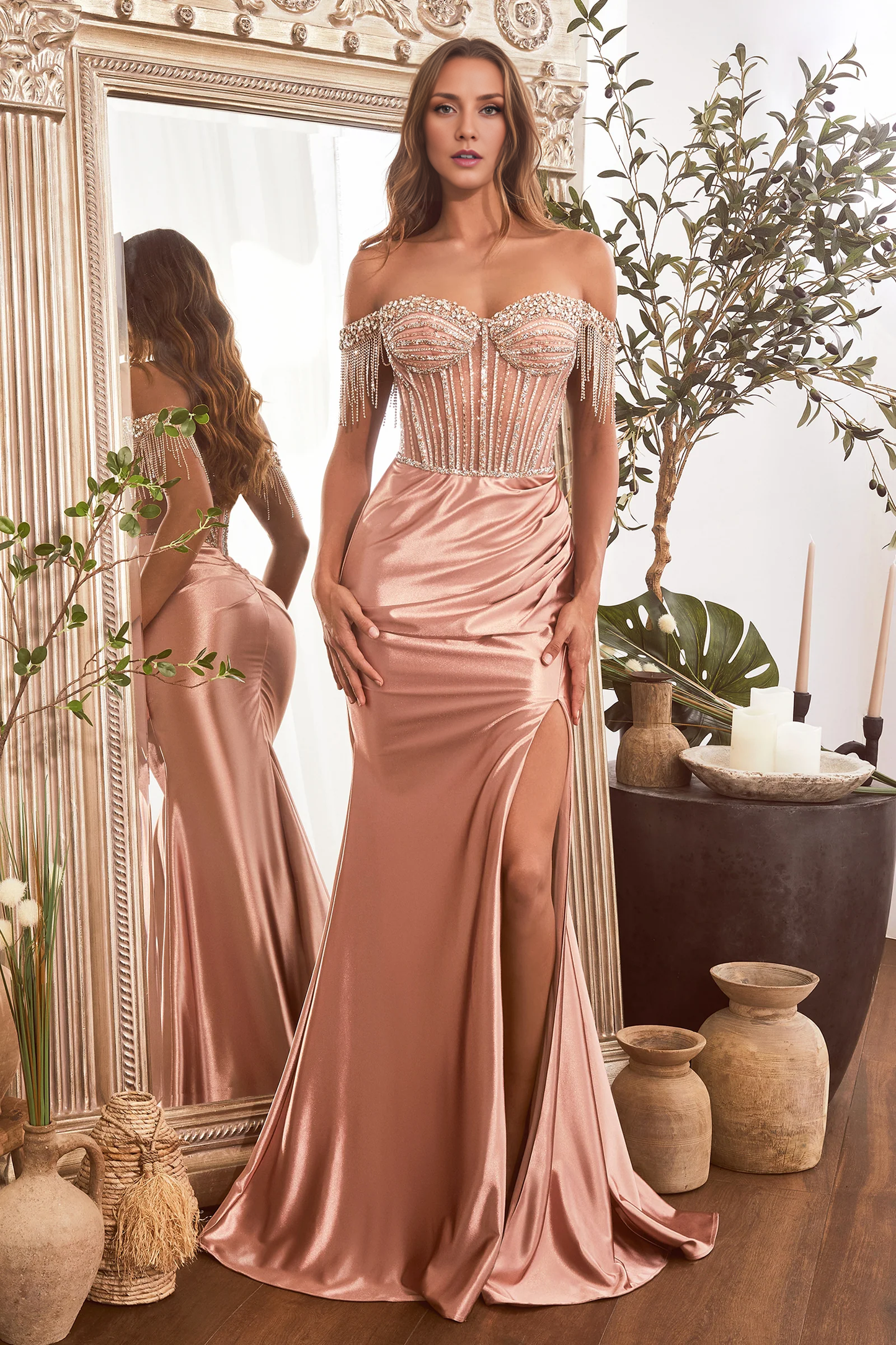 Wholesale Fashion Evening Dress Beaded Off Shoulder Satin Slit Gown Prom Dresses