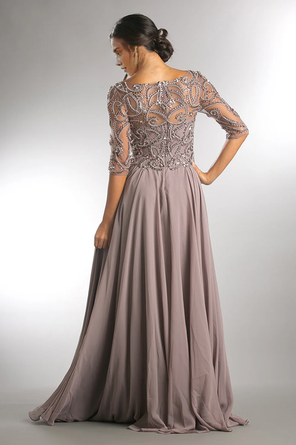 Wholesale Elegant Beaded 3/4 Sleeve V-Neck Chiffon Gown Evening Dress