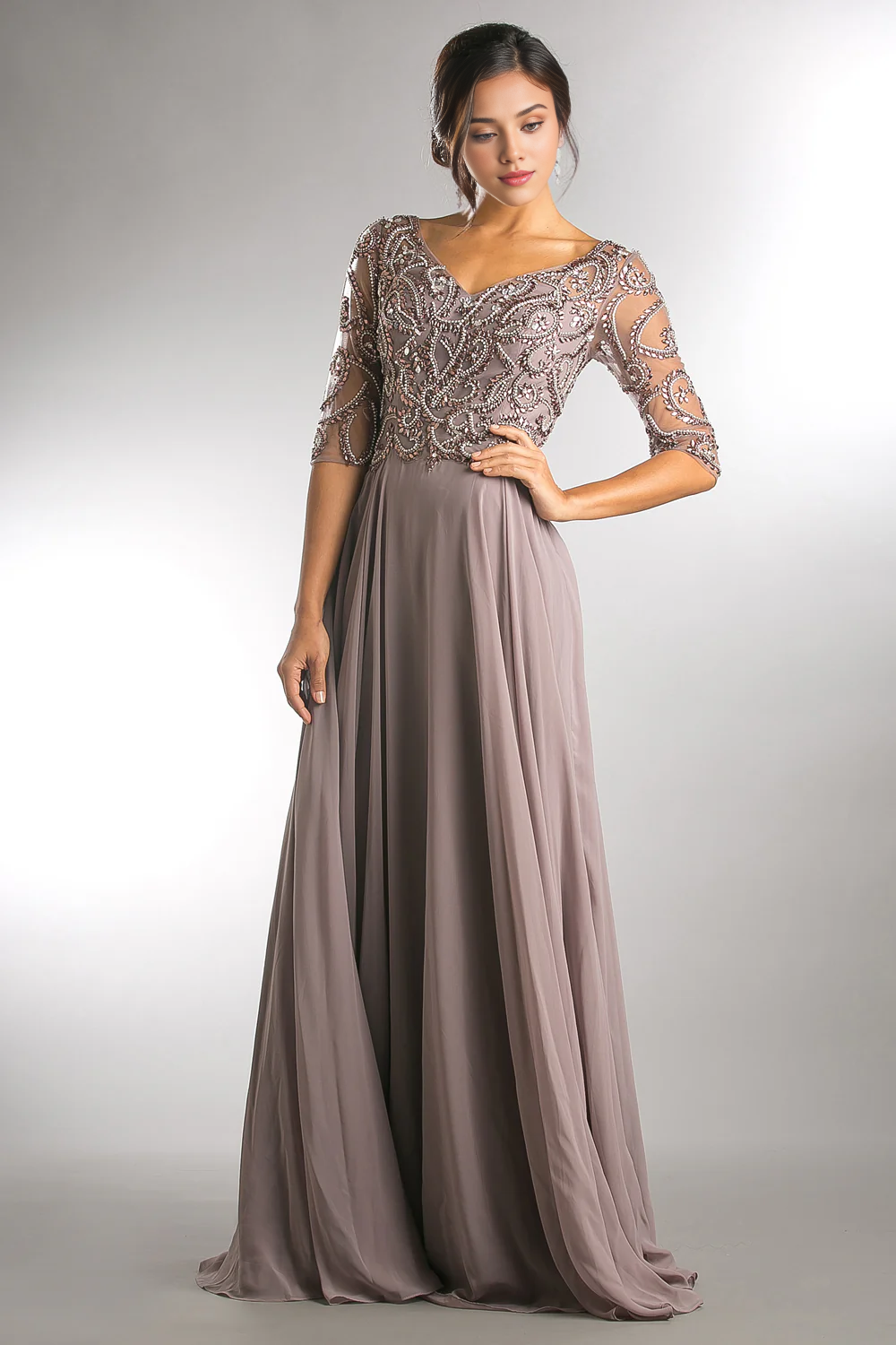 Wholesale Elegant Beaded 3/4 Sleeve V-Neck Chiffon Gown Evening Dress