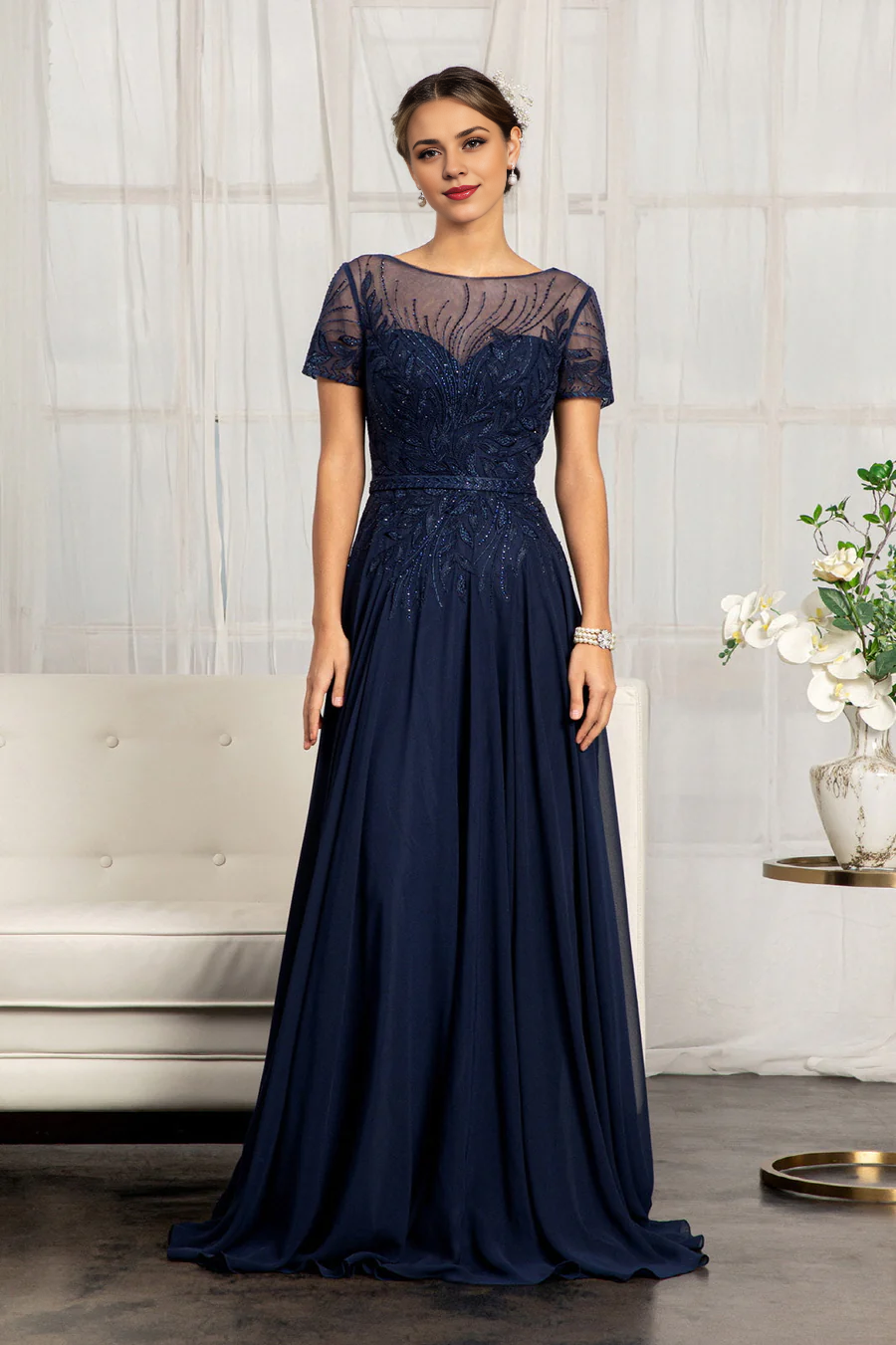 Wholesale Elegant Evening Dress Embroidered Short Sleeve Gown Prom Dresses