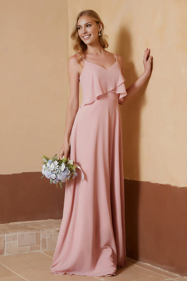 Wholesale Elegant Dusty-Rose Bridesmaid Dresses Ruffles Spaghetti Straps Chiffon Long Dress Fall Wedding Guest Dress November