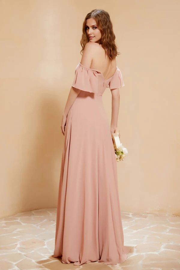 Wholesale Elegant Bridesmaid Dresses Off-the-Shoulder Chiffon Dress With Slit December Wedding Guest Dress