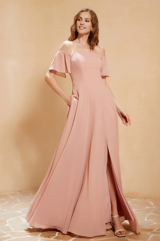 Wholesale Elegant Bridesmaid Dresses Off-the-Shoulder Chiffon Dress With Slit December Wedding Guest Dress