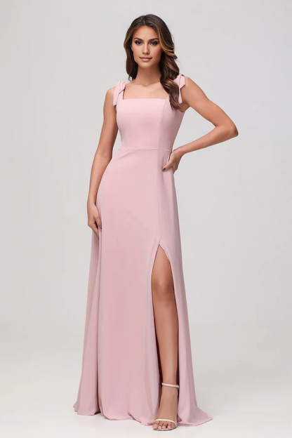 Wholesale Elegant Bridesmaid Dresses Square Neck Bow Straps Chiffon Slit Dress Fall Wedding Guest Dress November