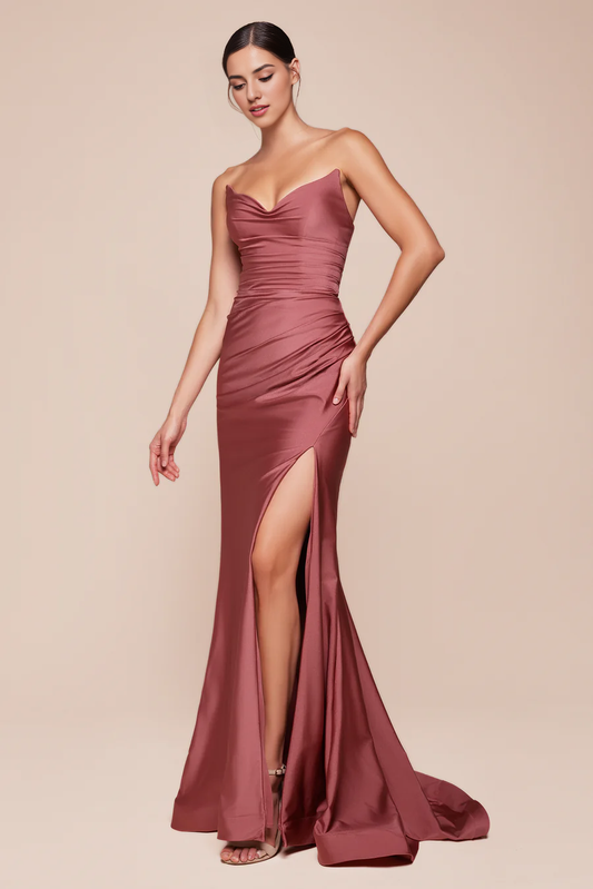 Wholesale Elegant Evening Dress Satin Fitted Strapless Slit Gown Prom Dresses