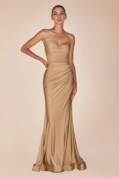 Wholesale Elegant Evening Dress Satin Fitted Strapless Slit Gown Prom Dresses