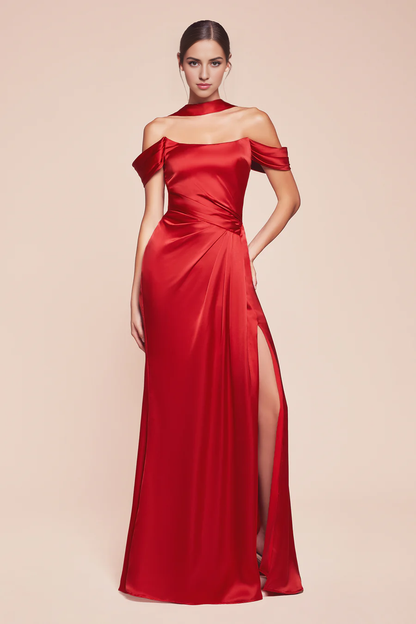 Wholesale Elegant Evening Dress Satin Fitted Off Shoulder Slit Gown Prom Dresses