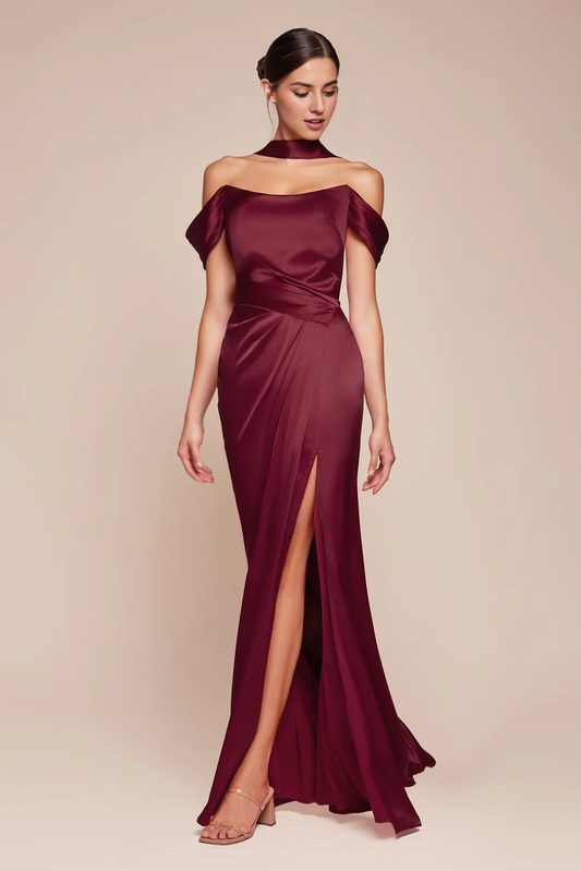 Wholesale Elegant Evening Dress Satin Fitted Off Shoulder Slit Gown Prom Dresses