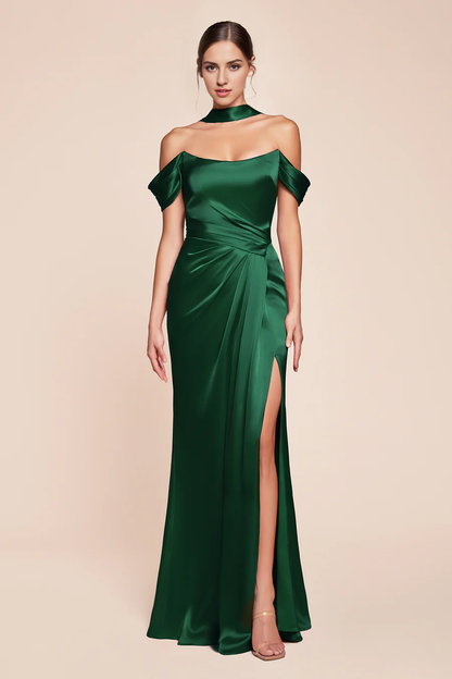 Wholesale Elegant Evening Dress Satin Fitted Off Shoulder Slit Gown Prom Dresses