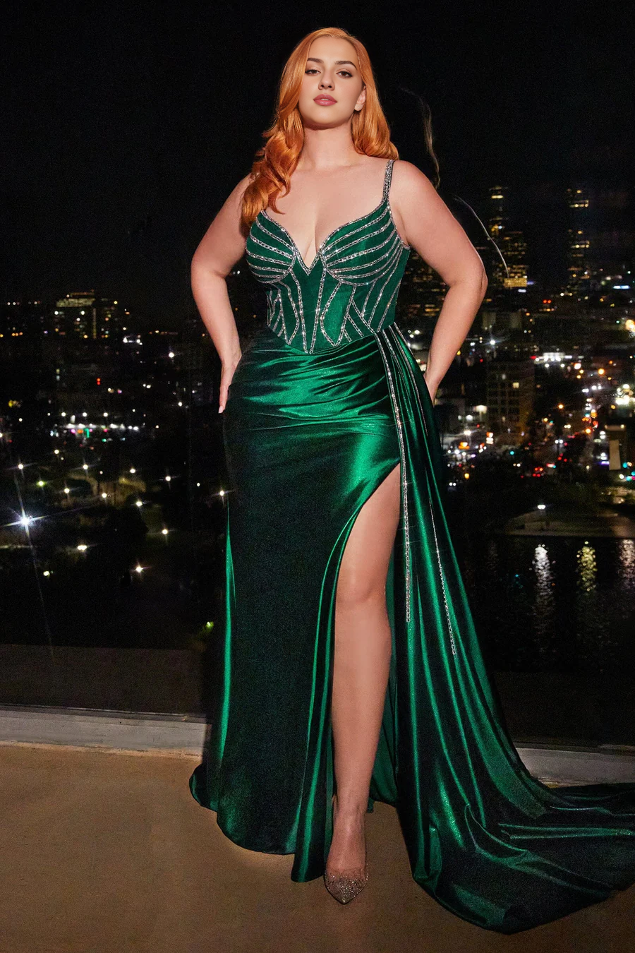 Wholesale Plus Size Formal Dress Curve Beaded Sleeveless Satin Slit Gown Evening Dresses