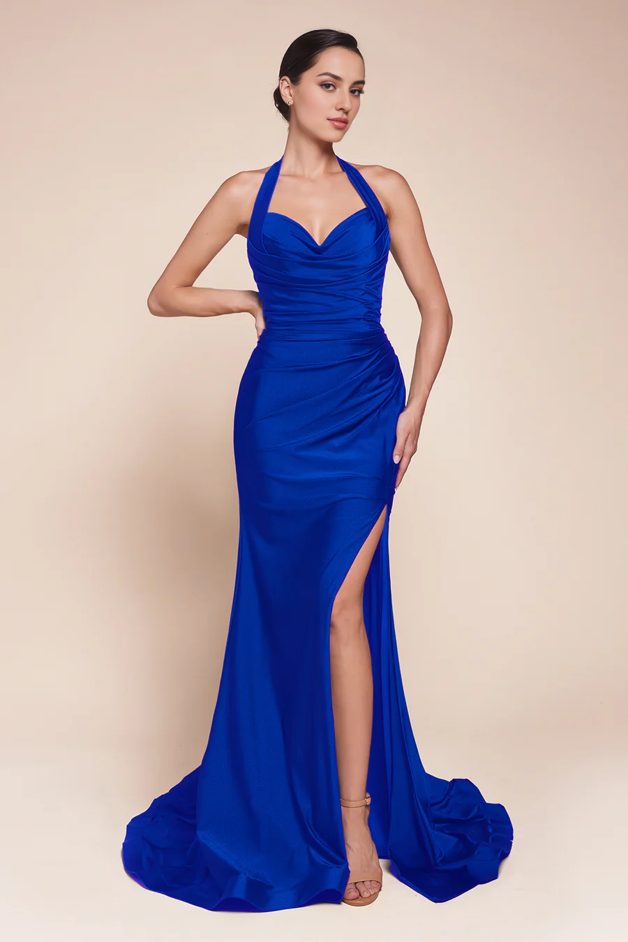 Wholesale Elegant Evening Dress Satin Fitted Long Halter Slit Dress formal women's dresses